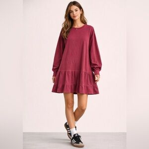 Listicle Burgundy Tiered Babydoll Sweatshirt Dress Size M Oversized W/ Pockets